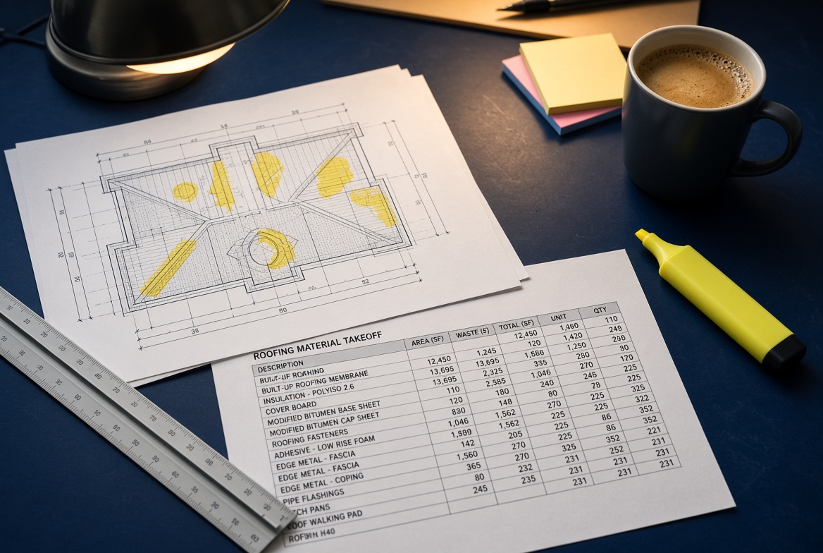 Marked commercial roof plans and a material takeoff on a desk